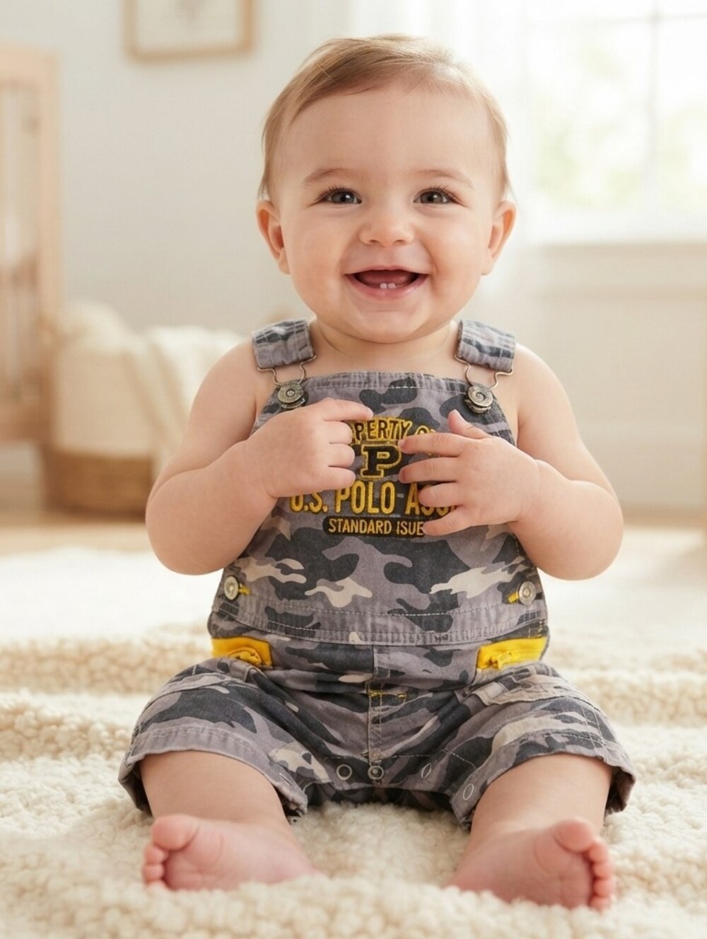 U.S. Polo Assn. 3-6M Kids Camouflage Overalls with Yellow Accents